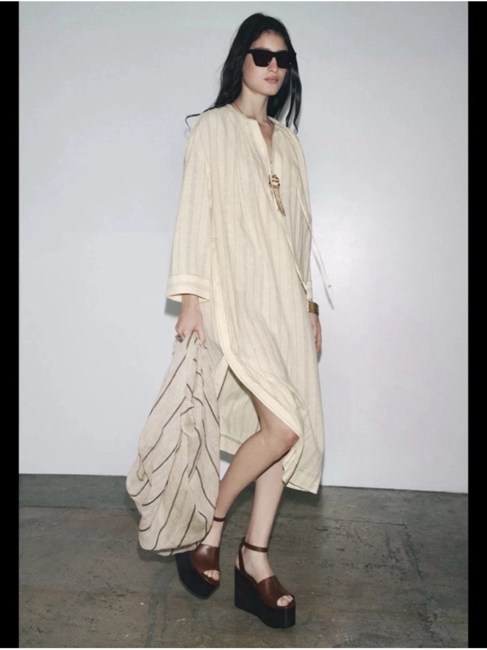 Zara Cream Striped tunic/kaftan Dress. Large NWT Never Worn